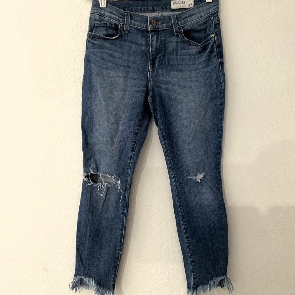PISTOLA Audrey Mid Rise Crop Skinny Jeans Distressed Frayed Hem 27